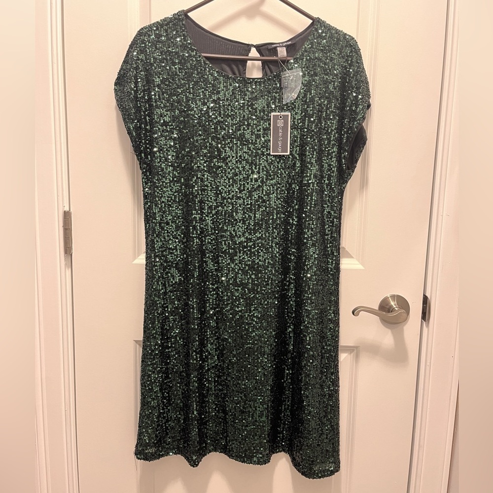 Cable & Gauge Green Sequined Midi Dress Capped Sleeve Scoop Neck